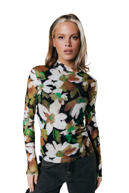 Colourful Rebel - Neyo Flower Mesh Turtleneck Top / Multicolor