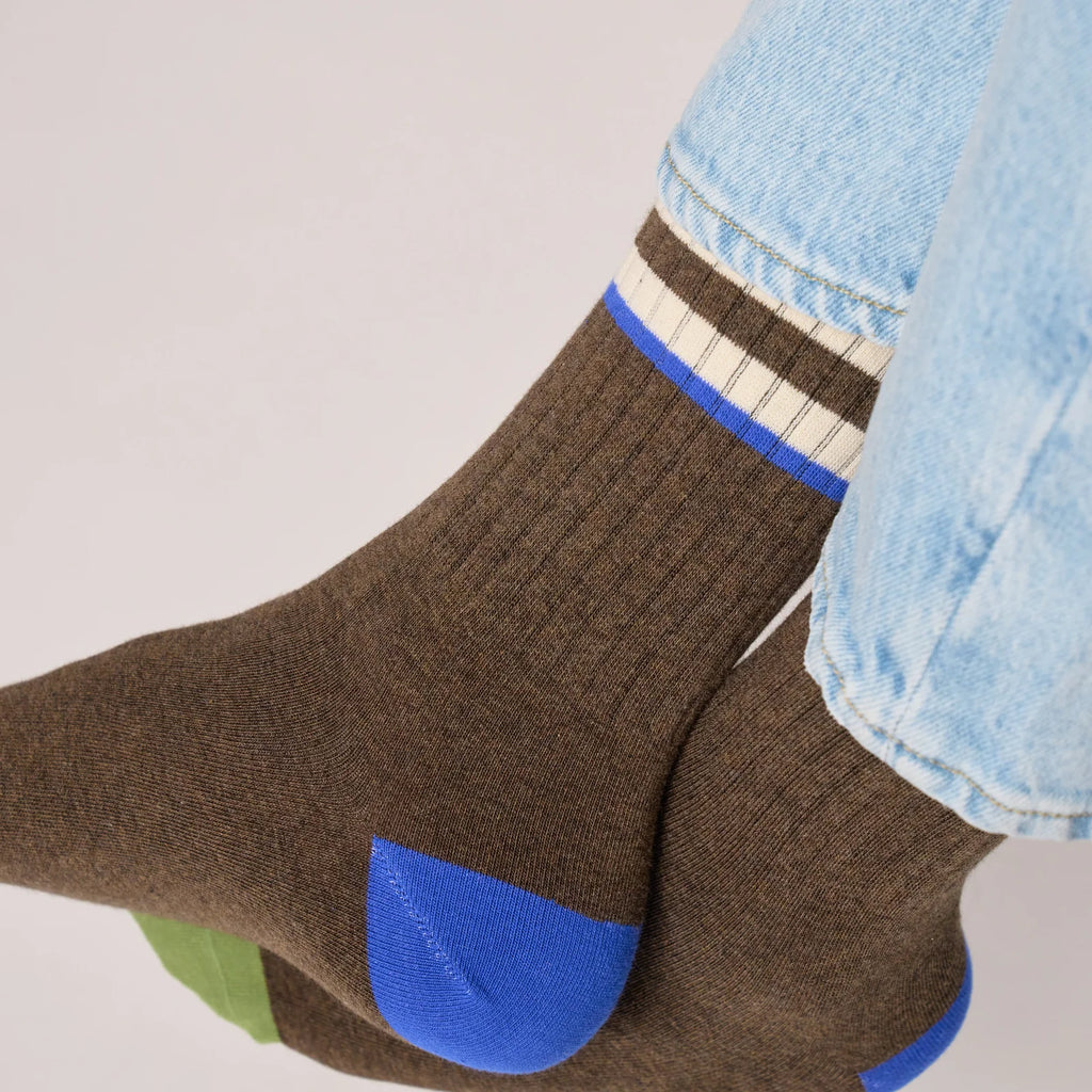 Billybelt Retro Sokken Van Gekamd Katoen - Bruin, Ivoor En Blauw Gestreept