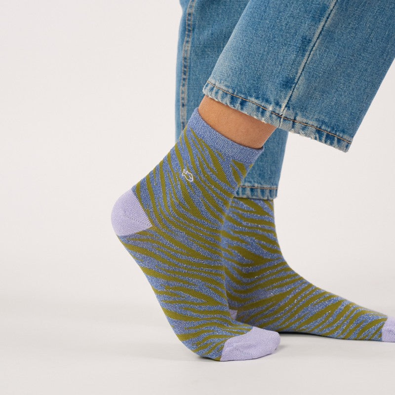 Billybelt Glittersokken - Zebra Blauw En Khaki
