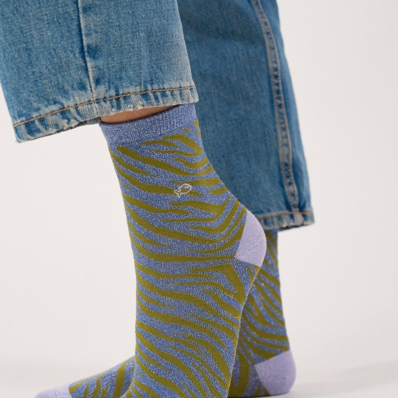 Billybelt Glittersokken - Zebra Blauw En Khaki