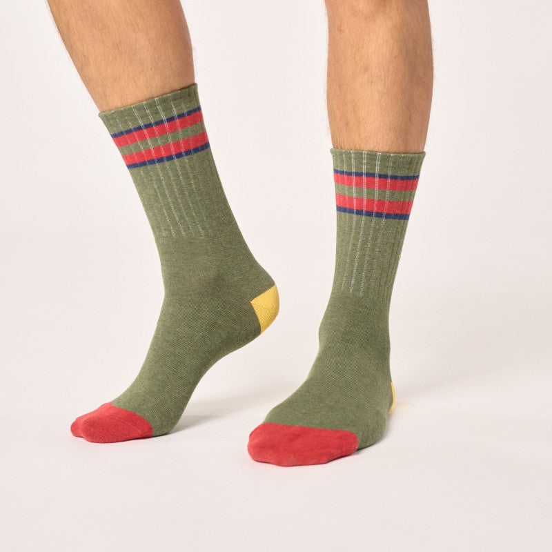Billybelt Retro Sokken Van Gekamd Katoen - Khaki, Rood En Blauw Gestreept