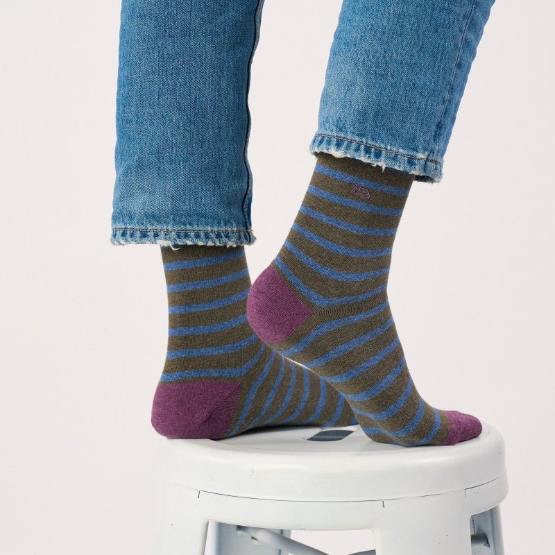 Billybelt - Wide Striped Socks / Khaki, Blue Striped
