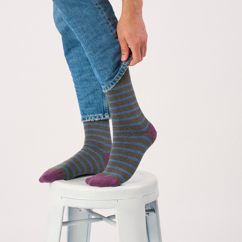 Billybelt - Wide Striped Socks / Khaki, Blue Striped