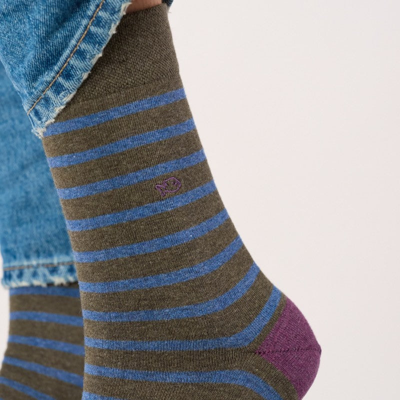 Billybelt - Wide Striped Socks / Khaki, Blue Striped